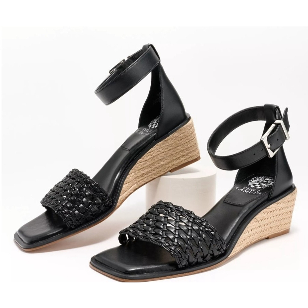 Vince Camuto Black Leather Net Low Ankle Strap Espadrille Wedge SZ 9 Wide - Picture 2 of 11